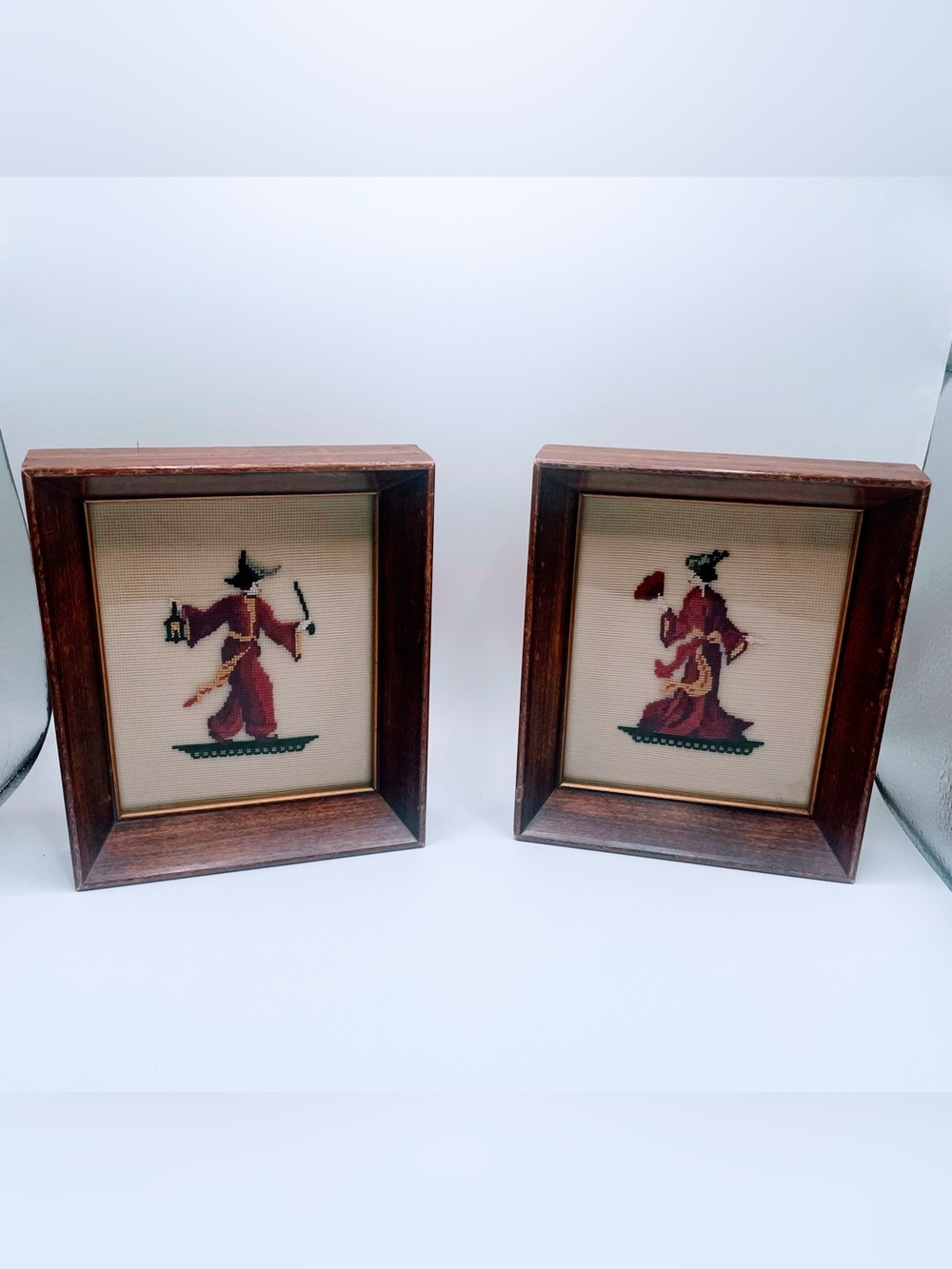 Vintage Petit Point Art “Woman In A Red Kimono & Man In Red Kimono